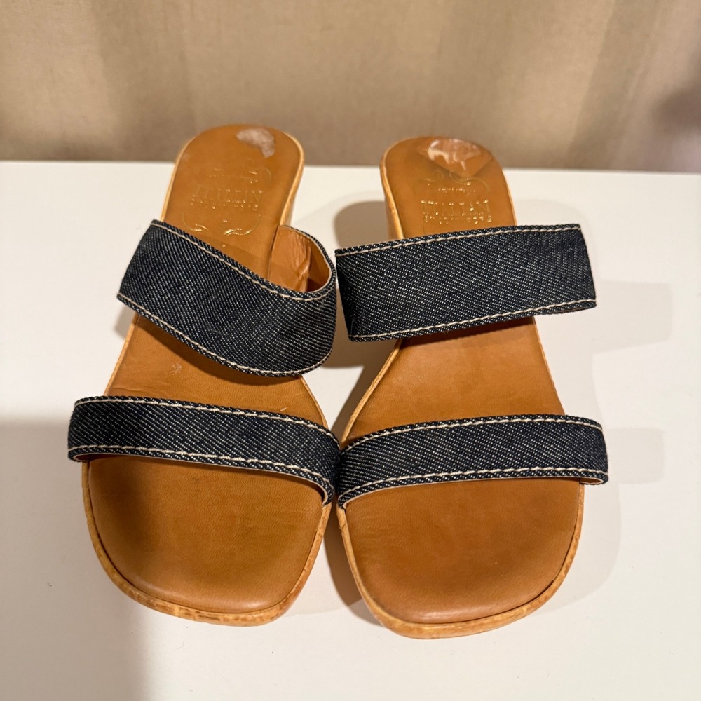 Italian Shoemakers Denim Wedge Sandals Blue Jean Slide Heels Made in Italy 7.5